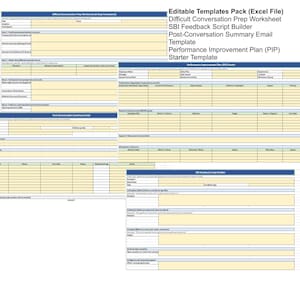 This Excel toolkit streamlines leadership tasks with four essential templates. The Difficult Conversation Prep Worksheet uses a 5-step framework to plan objectives. The SBI Feedback Script Builder guides objective, fact-based feedback. For performance gaps, the PIP Starter tracks SMART goals and milestones. Finally, the Post-Conversation Summary Email secures accountability with a built-in action tracker. These tools ensure clear, documented, and effective management communication.