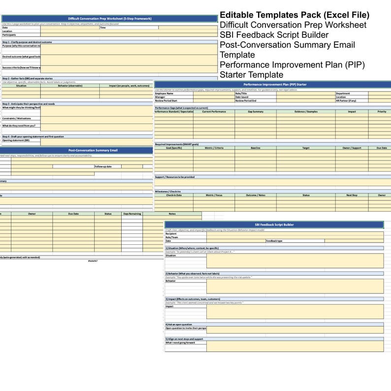 This Excel toolkit streamlines leadership tasks with four essential templates. The Difficult Conversation Prep Worksheet uses a 5-step framework to plan objectives. The SBI Feedback Script Builder guides objective, fact-based feedback. For performance gaps, the PIP Starter tracks SMART goals and milestones. Finally, the Post-Conversation Summary Email secures accountability with a built-in action tracker. These tools ensure clear, documented, and effective management communication.