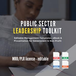 Puede incluir: Imagen de un kit de herramientas de liderazgo del sector público. El texto incluye "Plantillas de gestión editables, libro electrónico y presentación para el gobierno y organizaciones sin fines de lucro". La imagen también muestra iconos de tipo de archivo PDF, XLS, DOC y PPT.