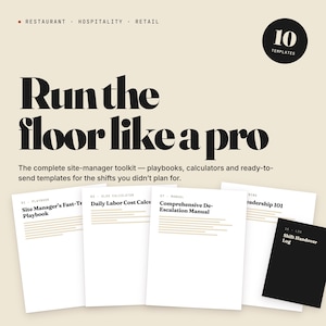 May include: An image promoting a site manager's toolkit, with the text "Run the floor like a pro." Several white documents are visible, including a "Shift Handover Log" and "Daily Labor Cost Calculator." The image also has a "10 TEMPLATES" badge.