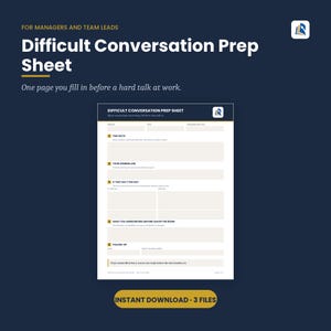 Difficult Conversation Script for Managers, Employee Feedback Prep Sheet, One Page Performance Talk Planner, Editable Word and PDF