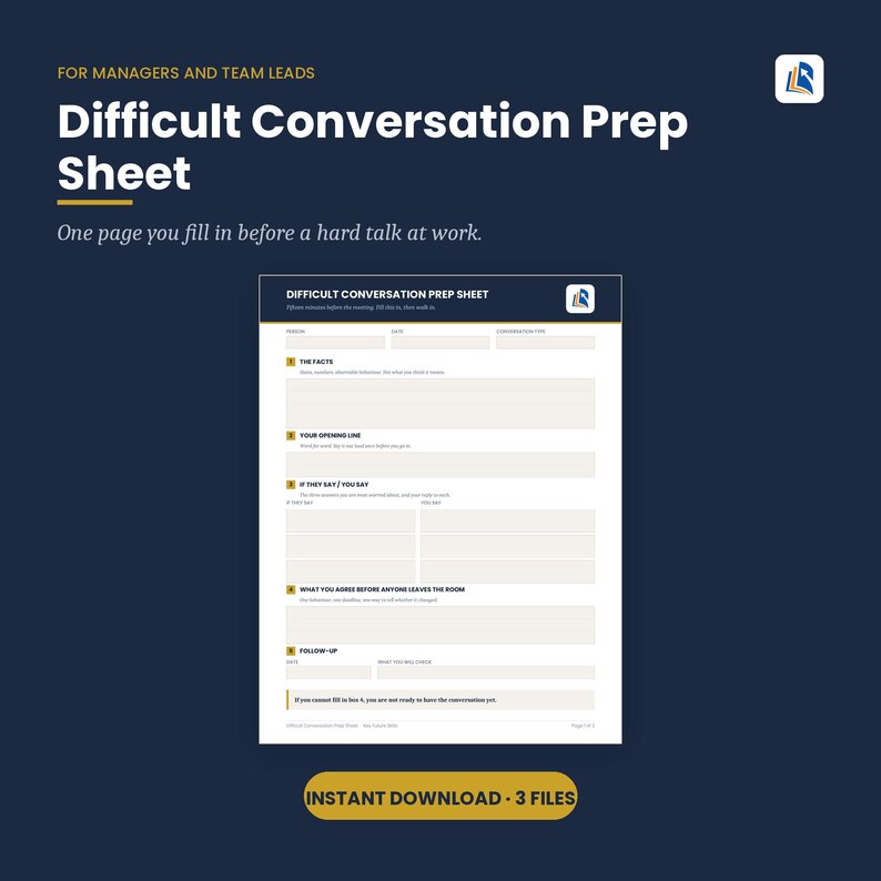 May include: A white Difficult Conversation Prep Sheet document with dark blue headers and gold accents. The form includes sections for facts, opening lines, if they say/you say scenarios, agreements, and follow-up steps for workplace discussions.