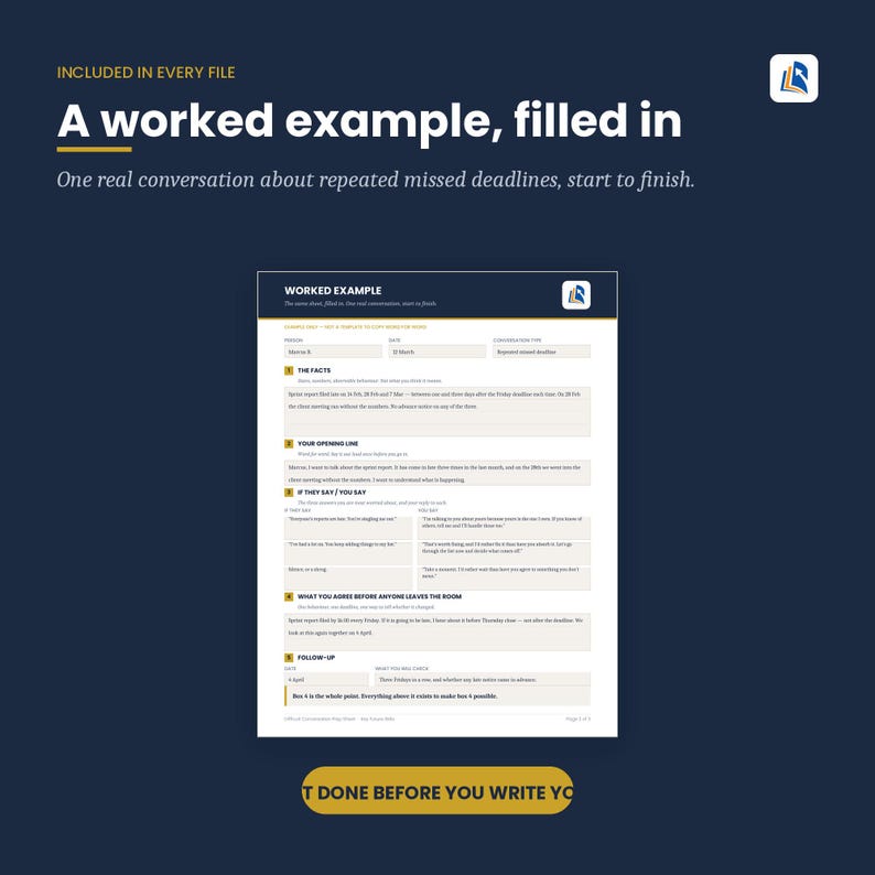 May include: A digital document titled WORKED EXAMPLE featuring a structured template for managing missed deadlines. The form includes sections for facts, opening lines, potential responses, agreements, and follow-up steps on a white background.