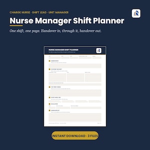 May include: A white Nurse Manager Shift Planner document on a dark blue background. The form includes sections for Handover In, Staffing This Shift, The Three Things, Staff Check-ins, Escalation, and Handover Out, with text headers and fields.