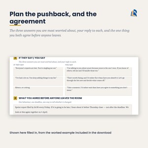 May include: A document titled Plan the pushback, and the agreement featuring a table with two columns labeled IF THEY SAY and YOU SAY. It lists three scenarios of workplace dialogue and a section for what to agree on before leaving the room.