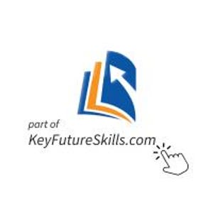 May include: A logo featuring a blue and orange open book with an upward-pointing arrow. The text "part of KeyFutureSkills.com" is below the logo, with a pointing hand icon to the right.