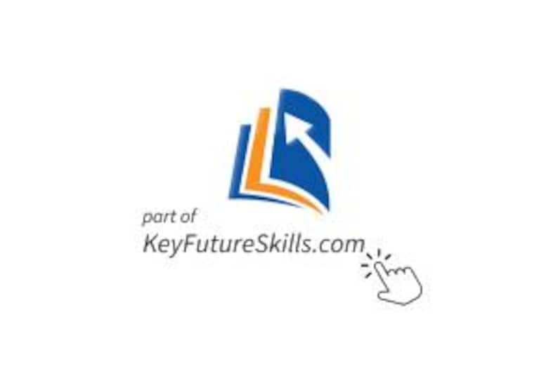 May include: A logo featuring a blue and orange open book with an upward-pointing arrow. The text "part of KeyFutureSkills.com" is below the logo, with a pointing hand icon to the right.