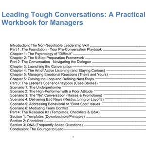 A table of contents for a workbook titled "Leading Tough Conversations: A Practical Workbook for Managers." The contents are divided into four parts: "The Foundation," "The Conversation," "The Leader's Scenario Playbook (Case Studies)," and "The Resource Kit."