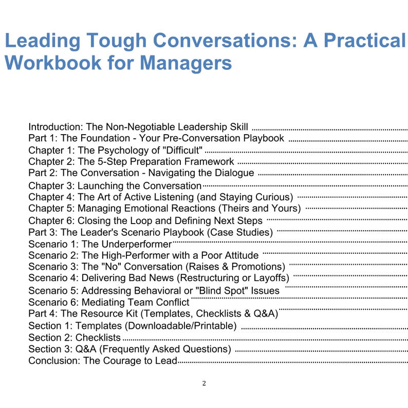 A table of contents for a workbook titled "Leading Tough Conversations: A Practical Workbook for Managers." The contents are divided into four parts: "The Foundation," "The Conversation," "The Leader's Scenario Playbook (Case Studies)," and "The Resource Kit."
