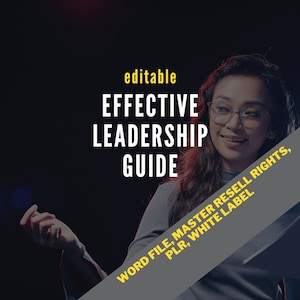 May include: A woman wearing glasses smiles while holding a document with the text "editable EFFECTIVE LEADERSHIP GUIDE WORD FILE, MASTER RESELL RIGHTS, PLR, WHITE LABEL" on it.