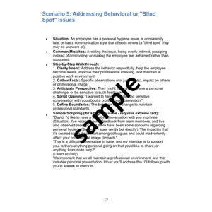 May include: A white document with the title "Scenario 5: Addressing Behavioral or 'Blind Spot' Issues." The document contains bullet points outlining steps for addressing employee issues, including clarifying intent and gathering facts. The word "Sample" is watermarked across the page.