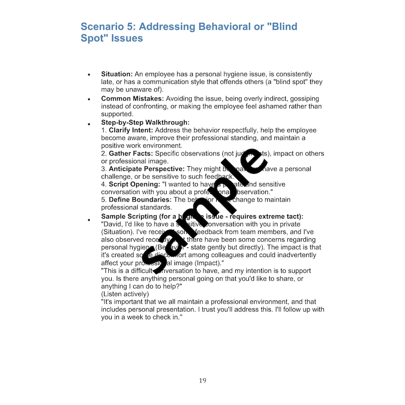 May include: A white document with the title "Scenario 5: Addressing Behavioral or 'Blind Spot' Issues." The document contains bullet points outlining steps for addressing employee issues, including clarifying intent and gathering facts. The word "Sample" is watermarked across the page.