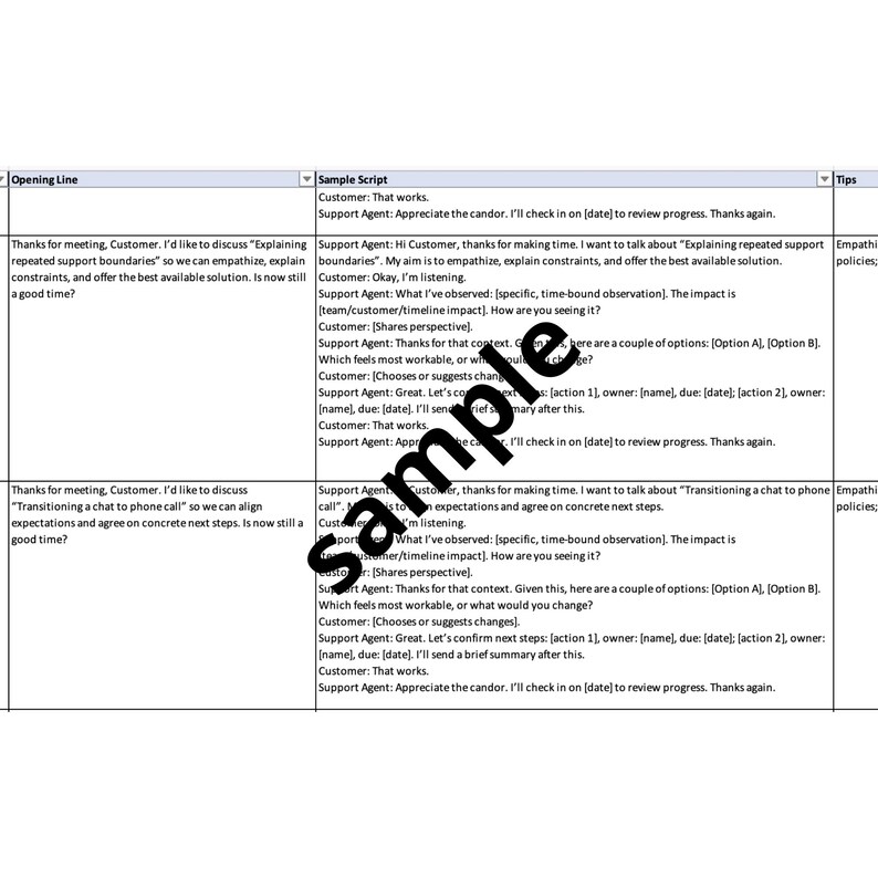 May include: A document with a sample script for customer support interactions. The script includes opening lines, customer responses, and support agent replies. The document is in black and white.