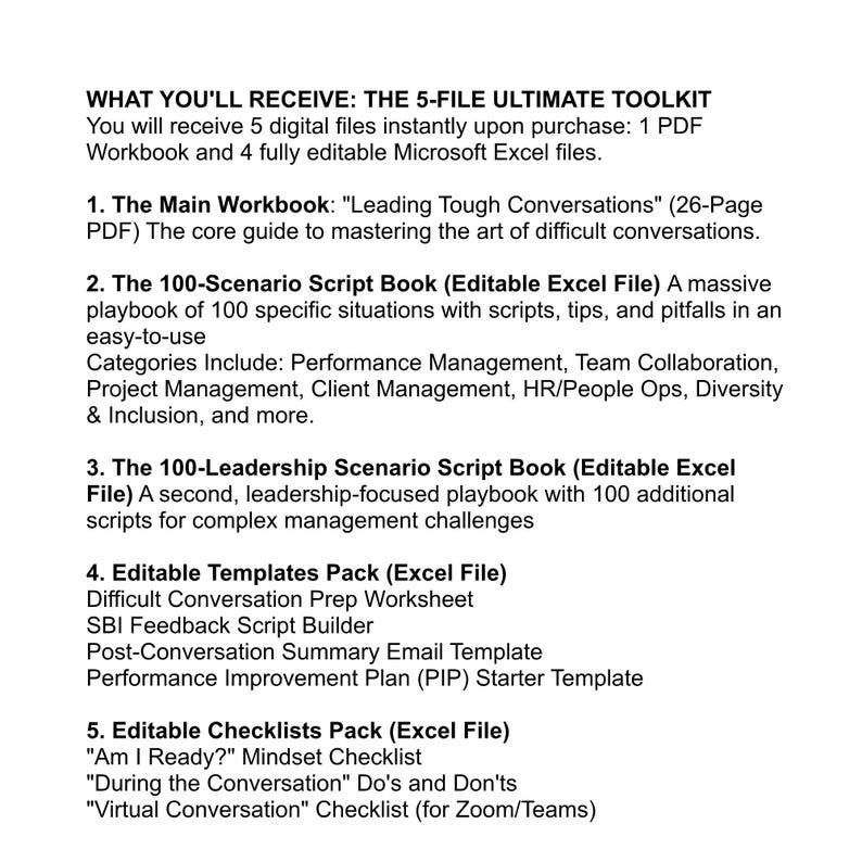 May include: A digital toolkit with five files, including a PDF workbook on difficult conversations and four editable Excel files. The toolkit covers topics like performance management, team collaboration, and leadership scenarios. Includes checklists and templates.