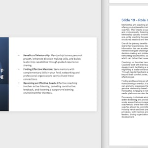 A blue and white presentation slide with the title 'Mentorship and Coaching.'  'Finding Effective Mentors' and 'Becoming an Effective Coach.'  role of mentorship and coaching in leadership development. 'Benefits of Mentorship: fosters personal growth, enhances decision-making skills, and builds leadership capabilities through guided experience sharing. Seek mentors with complementary skills in your field, networking and professional organizations can facilitate these connections.