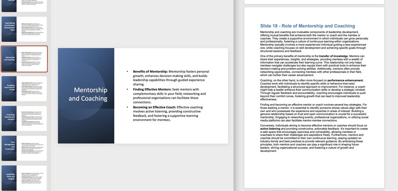 A blue and white presentation slide with the title 'Mentorship and Coaching.'  'Finding Effective Mentors' and 'Becoming an Effective Coach.'  role of mentorship and coaching in leadership development. 'Benefits of Mentorship: fosters personal growth, enhances decision-making skills, and builds leadership capabilities through guided experience sharing. Seek mentors with complementary skills in your field, networking and professional organizations can facilitate these connections.