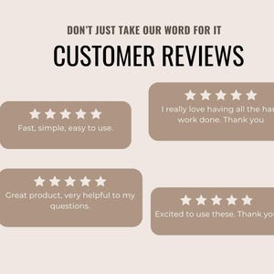 Puede incluir: Cuatro rese&ntilde;as de clientes con calificaciones de cinco estrellas y comentarios positivos. Las rese&ntilde;as dicen "R&aacute;pido, simple, f&aacute;cil de usar." "Realmente me encanta tener todo el trabajo duro hecho. Gracias." "Gran producto, muy &uacute;til para mis preguntas." "Estoy emocionado de usar estos. Gracias."