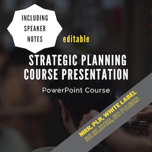 Może przedstawiać: Kurs prezentacji PowerPoint dotyczący planowania strategicznego. Kurs zawiera notatki dla prelegenta, jest edytowalny i zawiera 32 slajdy oraz 50 stron treści. Tekst "MRR, PLR, White Label" jest również zawarty.