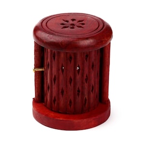 Incense burner with sliding door made of mango wood - round - for incense cones