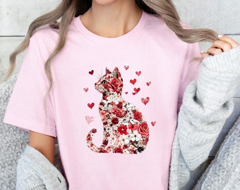 Valentine Cat Shirt, Cat Lovers Gift, Floral Cat Shirt, Lovely Cat Shirt, Cat Mum Shirt, Cat Owner T-shirt, Cute Cat Tee, Gift For Cat Lover