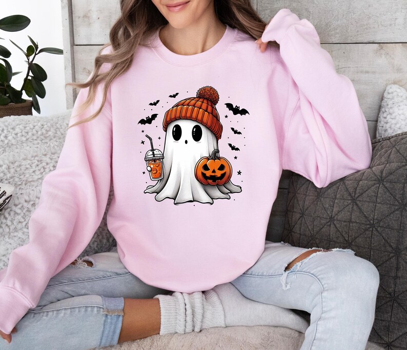 Bougie Ghost Sweatshirt, Cute Ghost Sweater, Halloween Ghost Crewneck, Pumpkin Ghost Sweater, Ghost Pumpkin Latte, Kids Halloween Sweater afbeelding 2