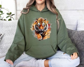 Wild Animal Hoodie, Flaming Tiger Hoodie, Tiger Hoodie, Roaring Tiger Hoodie, Safari Animal Hoodie,  Jungle Animal Hoodie, Aesthetic Hoodie