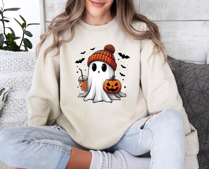 Bougie Ghost Sweatshirt, Cute Ghost Sweater, Halloween Ghost Crewneck, Pumpkin Ghost Sweater, Ghost Pumpkin Latte, Kids Halloween Sweater afbeelding 3