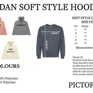 The image is a collage of various hoodie designs and sizes, including a GILDA soft style hoodie, a classic fit, and new colors. The image also includes a size chart and measurements for the hoodie.