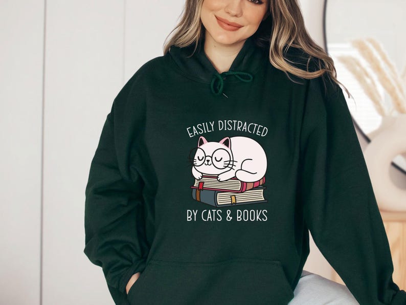 Cat Hoodie, Bookish Hoodie, Kids Cat Hoodie, Womens Cat Hoodie, Book Lovers Gift, Cat Mum Hoodie, Cat Owners Hoodie, Cute Bookish Gifts image 4
