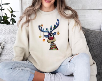 Reindeer Christmas Sweatshirt, Christmas Lights, Christmas Reindeer Sweater, Reindeer Lovers Top, Merry Christmas Sweater, Christmas Jumper