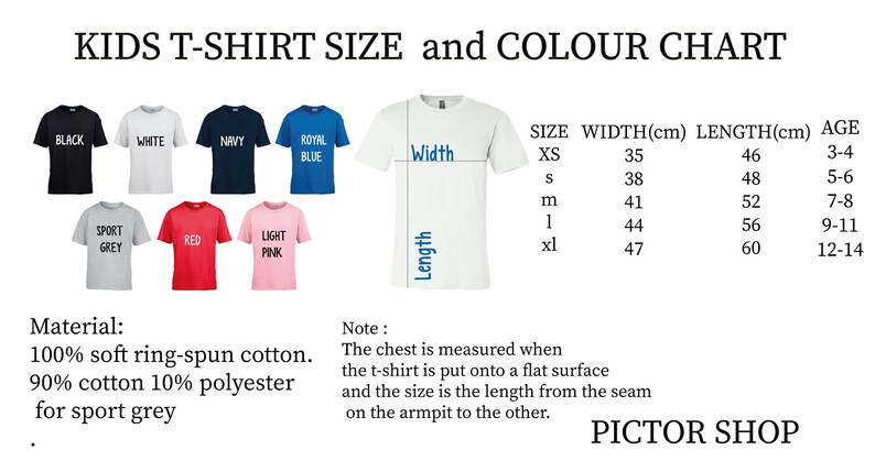 kids't - shirt size and color chart