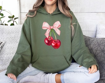 Cherry Bow Hoodie, Coquette Cherry Hoodie, Cherry Lady Hoodie, Coquette Clothing, Soft Girl Era, Ribbon Trendy Top, Cute Valentine Hoodie