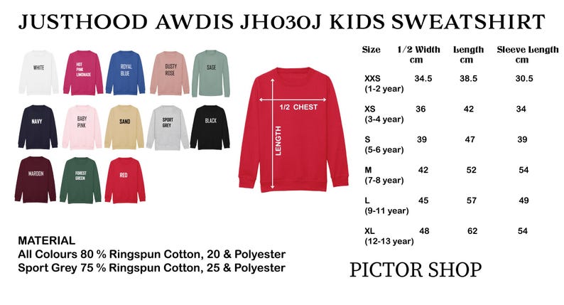 The image is a collage of various children's sweatshirts, each with different colors and sizes, along with their corresponding measurements.