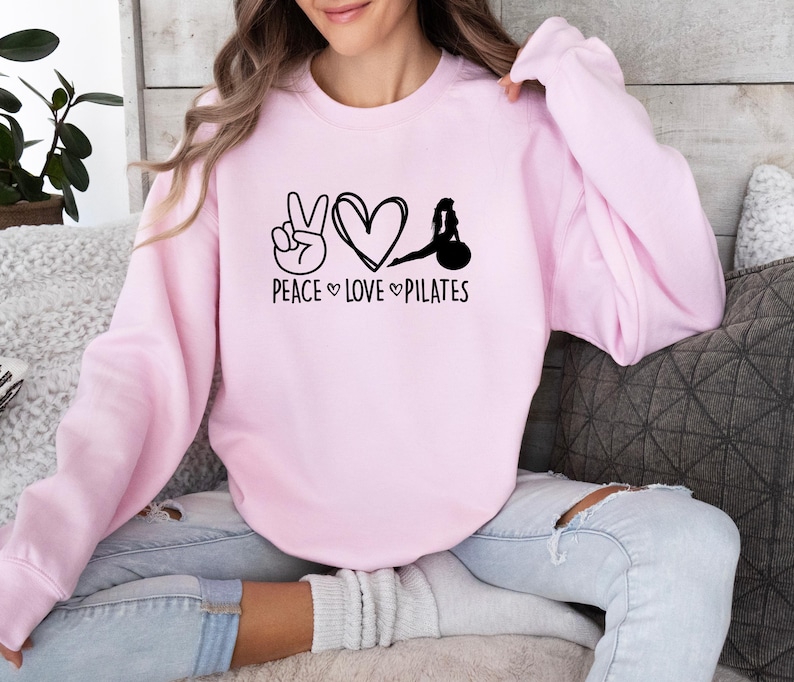 Peace Love Pilates, Funny Pilates Sweater, Pilates Lovers Sweater, Yoga Sweater, Peace Sign Sweater, Cute Gym Sweater, Pilates Life Sweater image 2