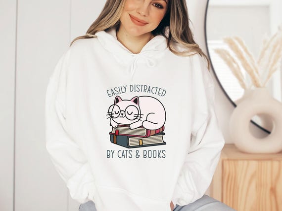 Cat Hoodie, Bookish Hoodie, Kids Cat Hoodie, Womens Cat Hoodie, Book Lovers Gift, Cat Mum Hoodie, Cat Owners Hoodie, Cute Bookish Gifts