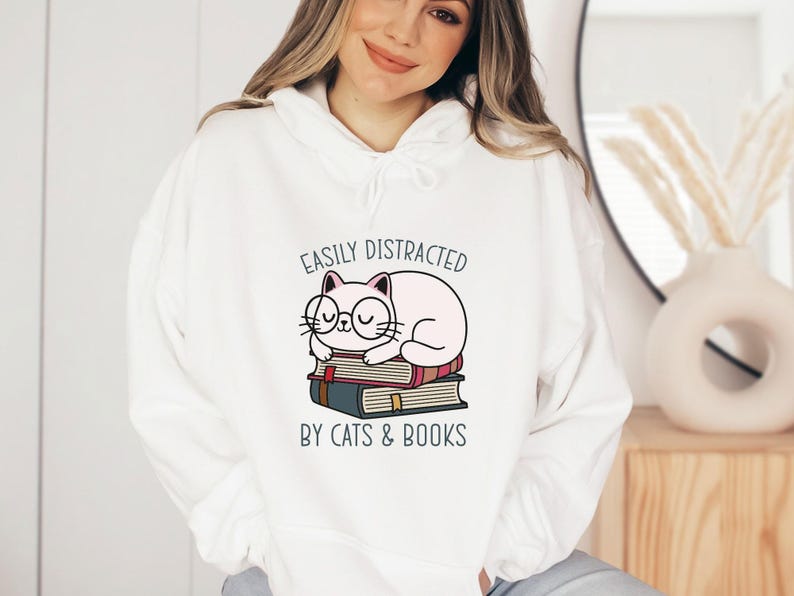 Cat Hoodie, Bookish Hoodie, Kids Cat Hoodie, Womens Cat Hoodie, Book Lovers Gift, Cat Mum Hoodie, Cat Owners Hoodie, Cute Bookish Gifts image 1