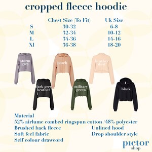 May include: Cropped fleece hoodie in various colors, including storm grey, peach, heather dust, dark grey heather, military green, and black. The hoodie features a brushed back fleece, soft feel fabric, and self color drawcord. The size chart shows chest sizes in inches and UK sizes.