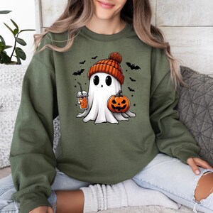 Bougie Ghost Sweatshirt, Cute Ghost Sweater, Halloween Ghost Crewneck, Pumpkin Ghost Sweater, Ghost Pumpkin Latte, Kids Halloween Sweater afbeelding 1