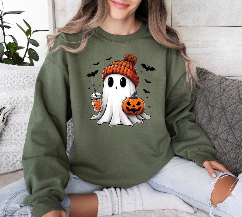 Bougie Ghost Sweatshirt, Cute Ghost Sweater, Halloween Ghost Crewneck, Pumpkin Ghost Sweater, Ghost Pumpkin Latte, Kids Halloween Sweater afbeelding 1