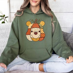 Winnie The Pooh Hoodie, Patchwork Bear Hoodie, Disney Fall Pumpkin Hoodie, Pooh Pumpkin Jumper, Women Autumn Hoodie, Winnie Lovers Fall Gift