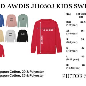 The image is a collage of various children's sweatshirts, each with different colors and sizes, along with their corresponding measurements.
