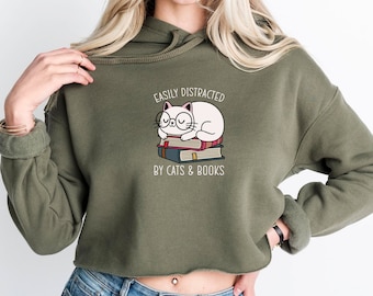 Cat and Book Crop Hoodie, Book Lover Hoodie, Cropped Hoodie, Cat Lover Gift, Bookish Hoodie, Cat Lover Hoodie, Cat Owner Gifts