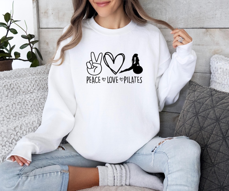 Peace Love Pilates, Funny Pilates Sweater, Pilates Lovers Sweater, Yoga Sweater, Peace Sign Sweater, Cute Gym Sweater, Pilates Life Sweater image 3