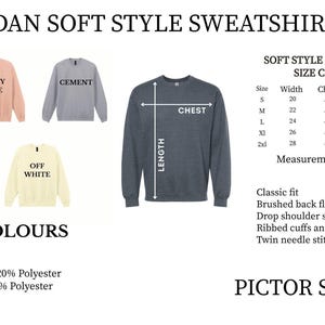 The image is a collage of six different styles of GILDA soft style sweatshirts, each with its own color and size chart. The sweatshirts are displayed in various colors, including green, pink, brown, and gray. The image also includes measurements and descriptions of the sweatshirts, such as the width, chest, length, and measurement in inches. The image is labeled as a "New Colors" and "Classic fit" sweatshirt, and it is from the Pictor Shop.
