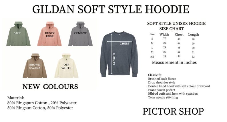 The image is a collage of various hoodie designs and sizes, including a GILDA soft style hoodie, a classic fit, and new colors. The image also includes a size chart and measurements for the hoodie.
