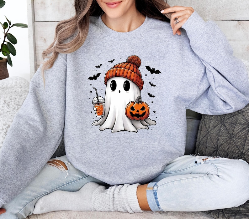 Bougie Ghost Sweatshirt, Cute Ghost Sweater, Halloween Ghost Crewneck, Pumpkin Ghost Sweater, Ghost Pumpkin Latte, Kids Halloween Sweater afbeelding 5