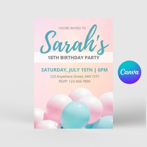 Pink Balloons Birthday Invitation | Instant Download | Canva Template | Bday Invite | Editable | 5X7 | Print | Evite | Electronic Invitation