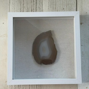 May include: A square white shadow box frame containing a single polished agate slice. The agate features concentric bands of translucent light gray and opaque dark brown tones. The stone is centered against a neutral, light-colored fabric backing.