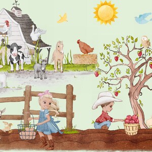 May include: A watercolor illustration of a farm scene with a red barn, a cow, a donkey, a horse, a sheep, a goat, a chicken, a goose, a girl with a basket of eggs, a boy picking apples from a tree, and a chick.