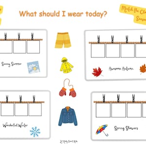 Puede incluir: Una hoja de trabajo imprimible para que los niños emparejen prendas de vestir con diferentes estaciones. La hoja de trabajo presenta ilustraciones de un verano soleado, un otoño increíble, un invierno maravilloso y lluvias primaverales. También hay ilustraciones de prendas de vestir como pantalones cortos, un impermeable, guantes, una chaqueta vaquera, un paraguas y una nube con gotas de lluvia.